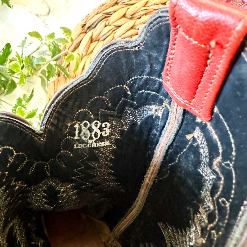 Lucchese 1883 Vintage Womens Laurel Tan & Red Scalloped Cowboy Boots - Picture 5 of 11